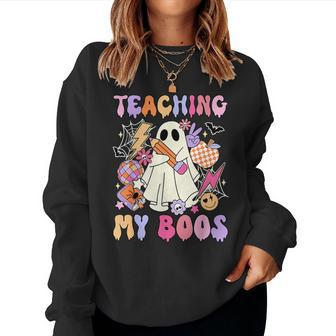 Teaching My Boos Ghost Halloween Groovy Retro Teacher's Day Women Sweatshirt - Monsterry UK
