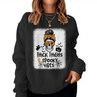 Thick Thighs And Spooky Vibes Messy Bun Girl Halloween Women Sweatshirt - Monsterry CA