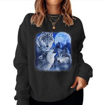 Three Wolves 3 Grey Wolf Howling At The Moon Wild Animal Women Sweatshirt | Seseable CA