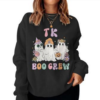 Tk Boo Crew Retro Groovy Halloween Floral Ghost Tk Teacher Women Sweatshirt - Monsterry DE