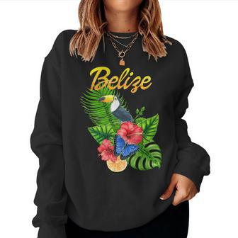 Toucan Bird Tropical Flowers Belize Travel Souvenir Women Crewneck Graphic Sweatshirt - Seseable