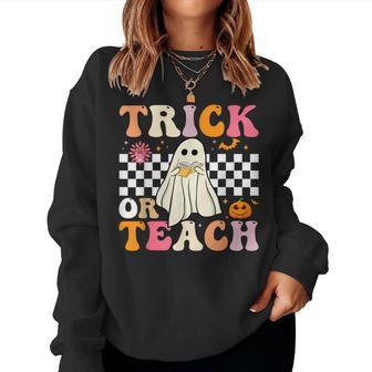 Trick Or Teach Groovy Halloween Retro Floral Ghost Teacher Women Sweatshirt - Seseable