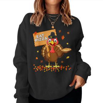 Turkey Eat Pizza Vegan Thanksgiving Fall Autumn Groovy Women Sweatshirt - Monsterry