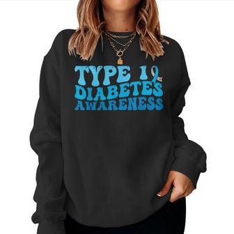 Type 1 One T1d Diabetes Awareness Retro Groovy Blue Diabetic Women Sweatshirt - Seseable