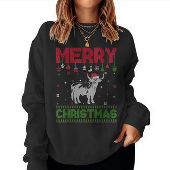 Ugly Holiday Sweater Christmas Highland Cow Graphic Women Sweatshirt - Seseable