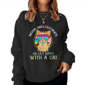 Never Underestimate An Old Hippie With A Cat Hippie Girls Women Sweatshirt | Mazezy