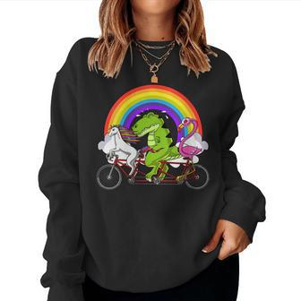 Unicorn T-Rex Dinosaur Flamingo Bird Riding Bicycle Rainbow Women Sweatshirt | Mazezy