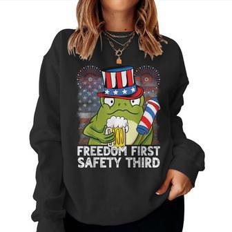Usa 4Th Of July Frog Beer Freedom First Safety Third Women Crewneck Graphic Sweatshirt - Seseable