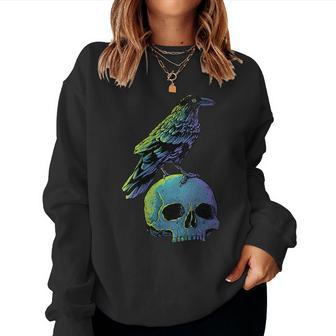 Vintage Crow Skull Spooky Raven Gothic Halloween Apparel Women Sweatshirt | Mazezy