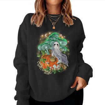 Vintage Cute Ghost Pumpkin Green Mushroom Forest Halloween Women Sweatshirt | Mazezy