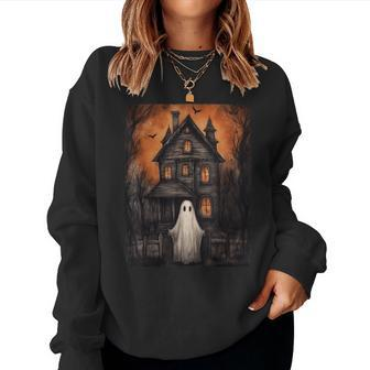 Vintage Ghost Haunted House Halloween Ghost House Midnight Women Sweatshirt - Seseable