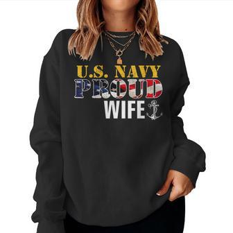 Vintage Navy Proud Wife With US American Flag Women Sweatshirt | Mazezy