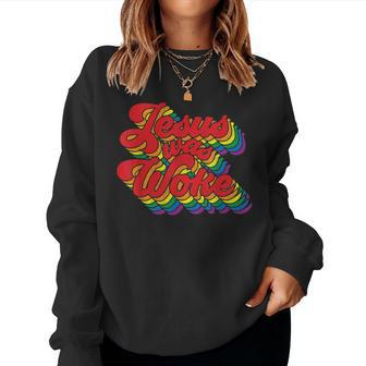 Vintage Retro Christian Ally Pride Rainbow Jesus Was Woke Women Crewneck Graphic Sweatshirt - Seseable