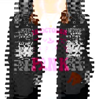 Wear Pink Breast Cancer Warrior Ghost Halloween Groovy Women Sweatshirt | Mazezy