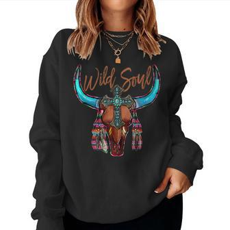 Western Boho Serape Cow Bull Skull Wild Soul Faith Cross Faith Sweatshirt | Mazezy