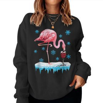 Wine Lovers Pink Flamingo Graphic Christmas Party Cute Women Sweatshirt | Mazezy
