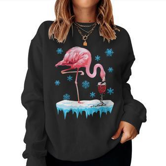 Wine Lovers Pink Flamingo Graphic Christmas Party Cute Women Sweatshirt | Mazezy
