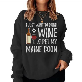 Wine And Maine Coon Cat Mom Or Cat Dad Idea Women Sweatshirt - Seseable