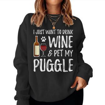 Wine And Puggle Dog Mom Or Dog Dad Idea Women Sweatshirt - Seseable