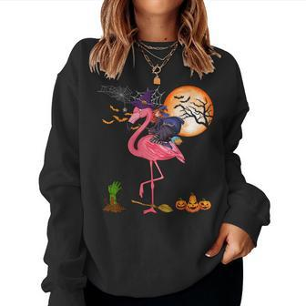 Witch Riding Flamingo Halloween Horror Carved Pumpkins Halloween Women Sweatshirt | Mazezy