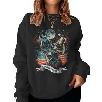 Wolf 4Th Of July American Flag Howling America Moon Funny Women Crewneck Graphic Sweatshirt - Thegiftio UK