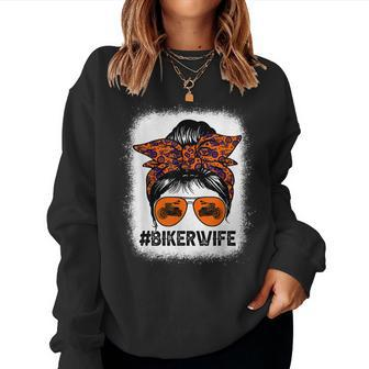 Women Messy Bun Biker Wife Motorcycles Lover Bleached Women Crewneck Graphic Sweatshirt - Seseable