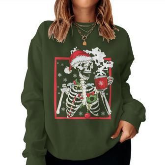 Christmas Skeleton With Smiling Skull Drinking Coffee Latte Women Sweatshirt | Mazezy
