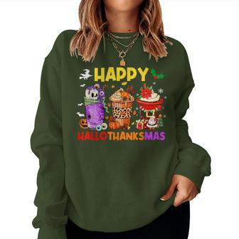 Coffee Halloween Thanksgiving Christmas Happy Hallothanksmas Women Sweatshirt | Mazezy