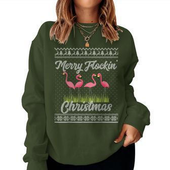 Flamingo Christmas Pun Merry Flockin Holiday Party Women Sweatshirt - Monsterry