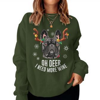 Christmas Black French Bulldog Deer Antlers Wine Lover Women Sweatshirt | Mazezy