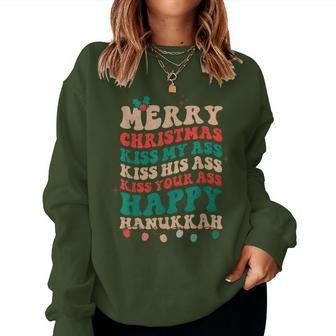 Merry Christmas Kiss My Ass Happy Hanukkah Groovy Xmas Women Sweatshirt - Seseable