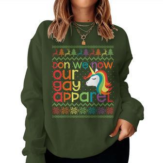 Gay Christmas Rainbow Unicorn Don We Now Our Gay Apparel Women Sweatshirt | Mazezy