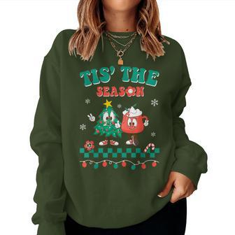 Groovy Merry Christmas Hippie Tis The Season Hot Cocoa Tree Women Sweatshirt | Mazezy