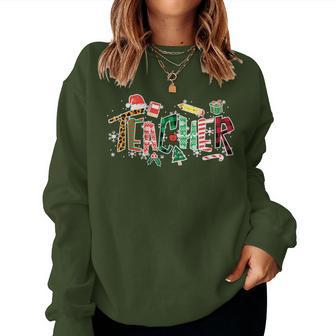 Leopard Buffalo Plaid Teacher Christmas School Xmas Women Women Sweatshirt - Seseable