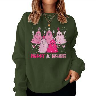 Merry And Bright Retro Groovy Pink Christmas Tree Smile Face Women Sweatshirt - Thegiftio UK