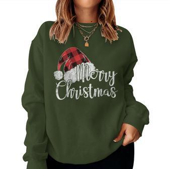 Merry Christmas Cute Plaid Santas Hat Xmas Women Sweatshirt - Seseable