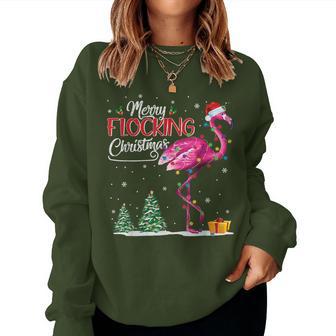 Merry Flocking Christmas Flamingo Pink In Santa Hat Xmas Gif Women Sweatshirt - Monsterry