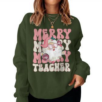 Merry Teacher Christmas Retro Wavy Pink Teacher Women Sweatshirt | Mazezy