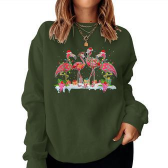 Pink Flamingo Christmas Lighting Xmas Tree Santa Hat Pajama Women Sweatshirt - Monsterry