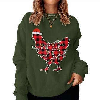 Red Plaid Pajama Chicken Santa Hat Christmas Lights Women Sweatshirt - Thegiftio UK