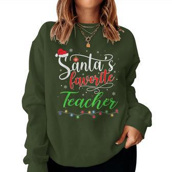 Santas Favorite Teacher Christmas Santa Hat Light Women Sweatshirt | Mazezy