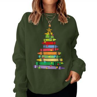 Teacher Christmas Crayon Tree Light Student Women Sweatshirt - Seseable