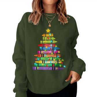 Teacher Crayon Christmas Tree Lights Student School Xmas Women Sweatshirt - Monsterry