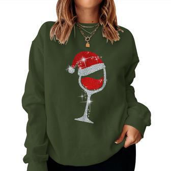 Wine Glasses Santa Hat Bling Christmas Wine Lover Women Sweatshirt | Mazezy