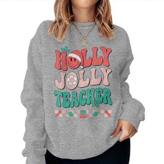 Groovy Retro Holly Xmas Jolly Teacher Christmas Vibes Hippie Women Sweatshirt - Seseable