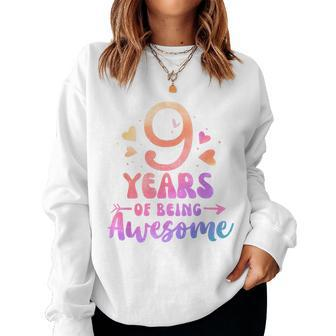 9 Years Of Being Awesome Tie Dye Hearts 9Th Birthday Girl Women Sweatshirt - Monsterry UK