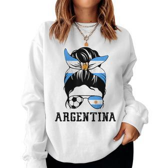 Argentinian Soccer Girl Mom Messy Bun Argentina Football Fan Women Sweatshirt | Mazezy