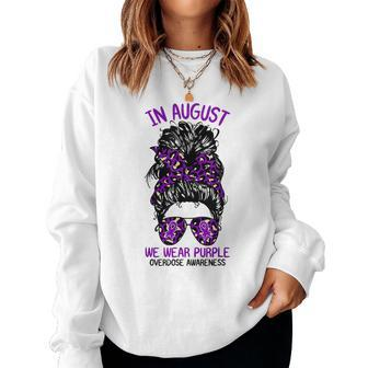 In August We Wear Purple Ribbon Overdose Awareness Messy Bun Women Sweatshirt - Monsterry
