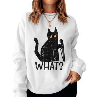 Black Cat What Knife Funny Murderous Halloween Pet Men Women Women Crewneck Graphic Sweatshirt - Seseable