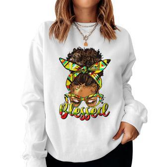 Black History Blessed Afro Black Women Messy Bun Junenth Women Crewneck Graphic Sweatshirt - Thegiftio UK